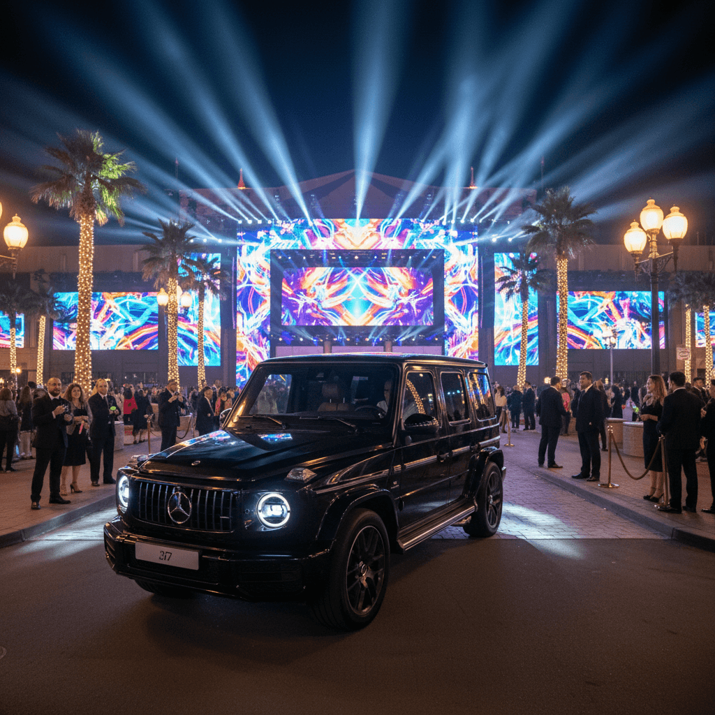 Group of nightclub-goers arriving in a luxury black SUV at a popular Las Vegas nightclub entrance