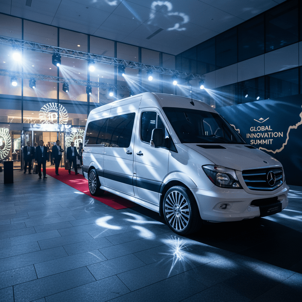 Charter bus and Mercedes Sprinter van parked side by side at a Las Vegas event venue