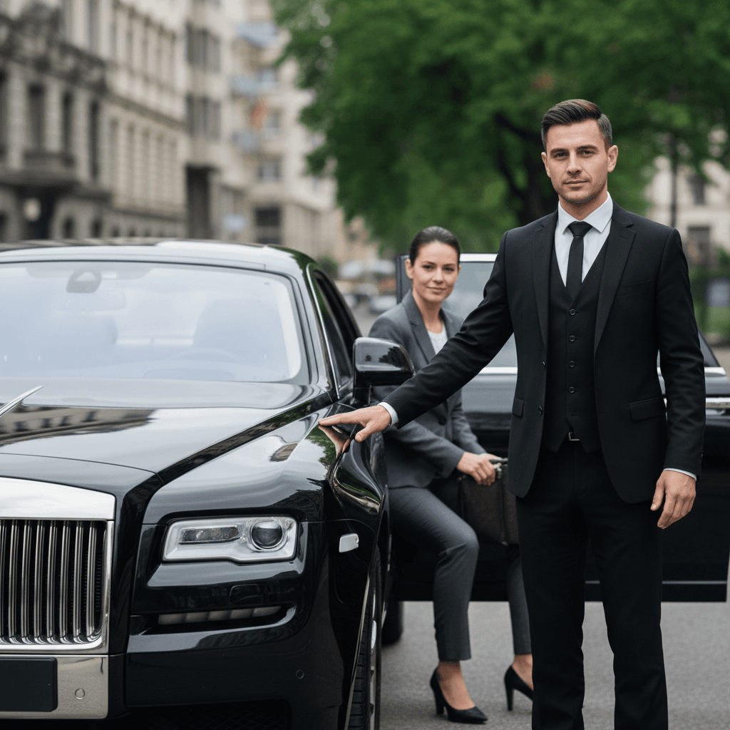 Professional chauffeur in uniform standing next to a luxury black vehicle ready to assist a client