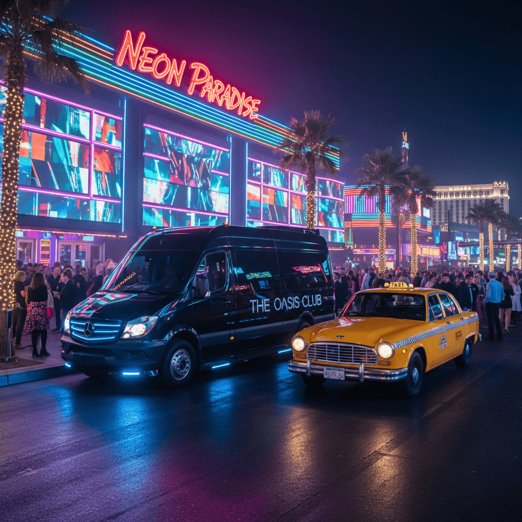 Luxury nightclub shuttle van and taxi cab outside a popular Las Vegas nightclub at night
