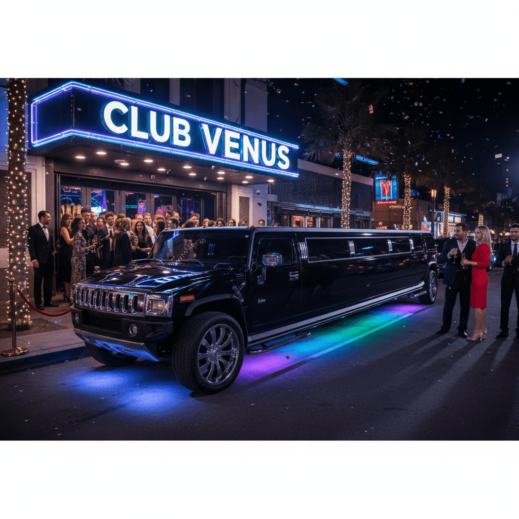Luxury black SUV arriving at a Las Vegas nightclub entrance with velvet rope and VIP treatment