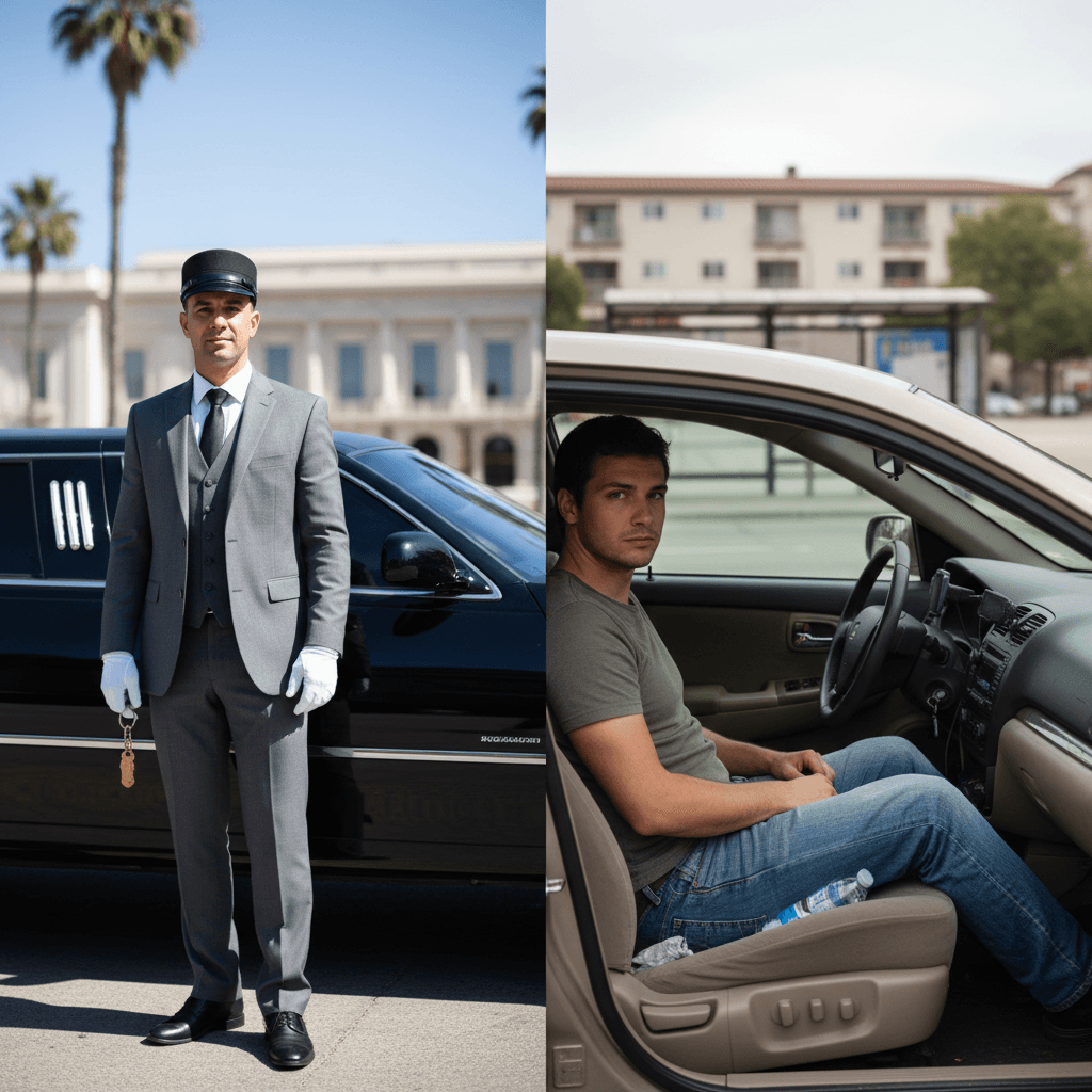 Professional licensed chauffeur next to a luxury limousine versus a rideshare driver in a regular car